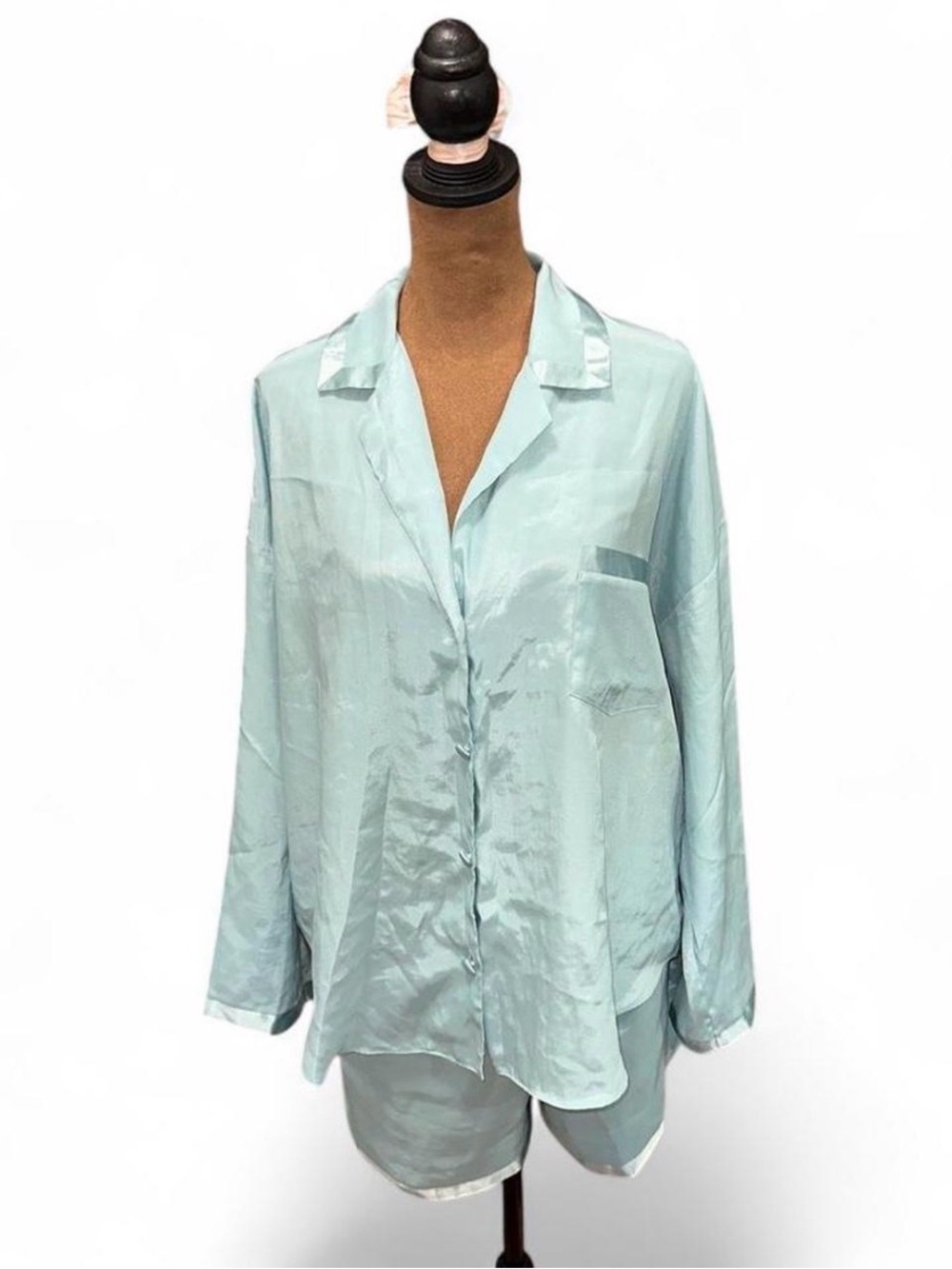 Aqua Blue Satin Pajama Set - Button Front Top & Shorts Medium Victoria’s Secret